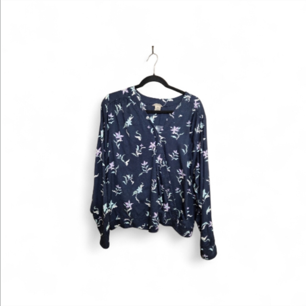 Duluth Trading Co Floral Tencel Blouse XXL Blue Long Sleeve